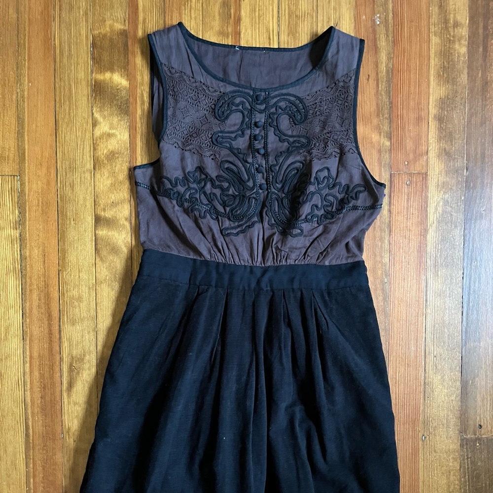 Anthropologie LEIFNOTES Open-Air Theater Dress Brown & Black Embroidered Sz 4